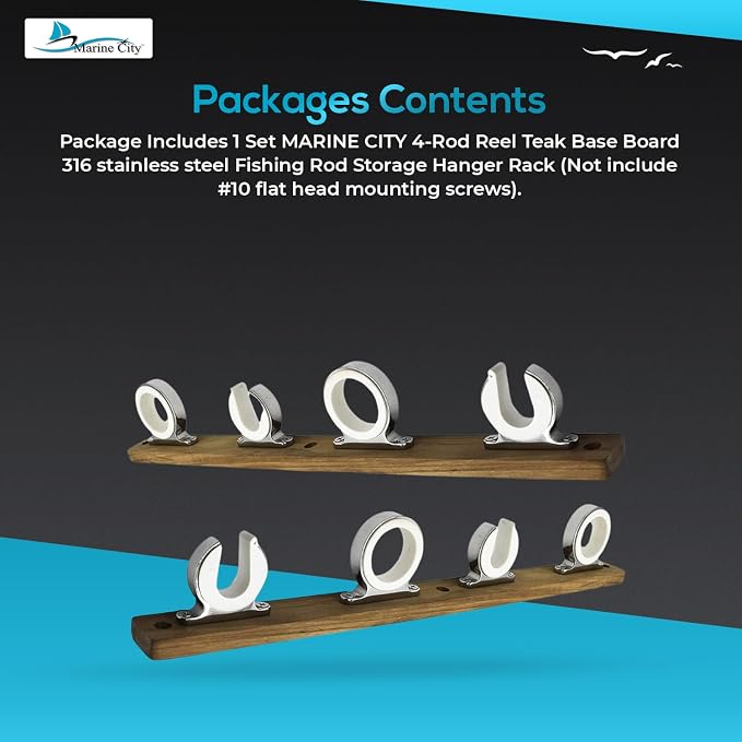 MARINE CITY Fishing Rod Storage Hanger Rack, 4-Rod Reel with Teak Base, Length 2.71 Inches for Boats Yachts Cars & Marine Use