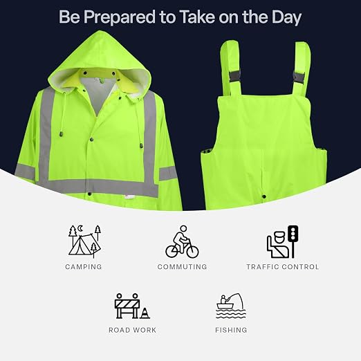 Global Glove FrogWear GLO-8000 Unisex High-Visibility Rain Suit, Lightweight Three-Piece Rain Gear with Waterproof Jacket, Bibs, and Detachable Hood – Neon Yellow, Large