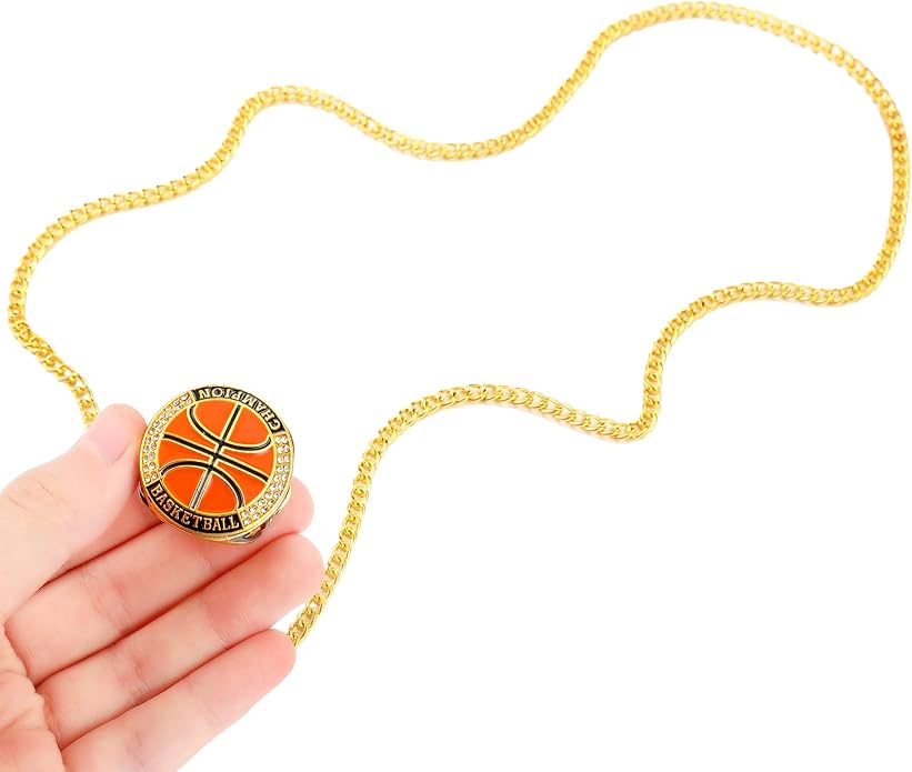 Highergo 20 Pcs Baseball Softball Basketball Football Champion Rings with Display Neck Chain and Stand Volleyball Soccer Cheer Trophy Rings Bulk for Tournament Award Gift