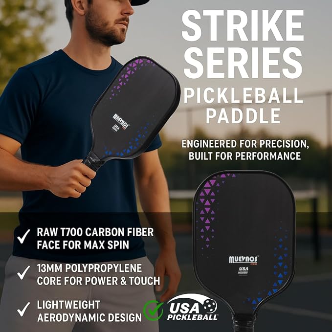 Strike Pickleball Paddle, 13mm T700 Carbon Fiber, Durable Textured Surface for Power and Spin, USAPA Approved Pickleball Paddle, Lightweight Design for Beginners & Intermediate Players, Black