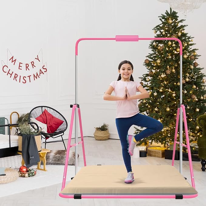Gymnastics Bar with Self-Inflating Mat for Kids, Adjustable Height Gymnastic Horizontal Bars with Mat, Folding Gymnastic Training Monkey Bars, Junior Expandable Training Kip Bar for Home