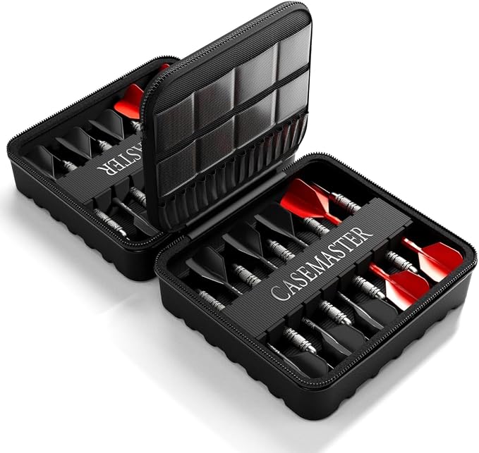 Casemaster Maxx 6 Dart Case, Holds 18 Steel Tip or Soft Tip Darts Fully Assembled, Hard Shell EVA Darts Case, 16 Accessory Pockets, Red