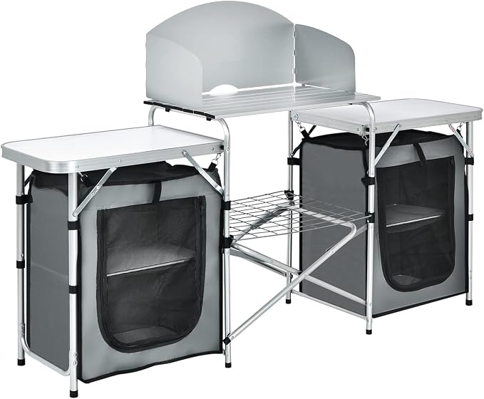 Giantex Camping Kitchen Station, Folding Grill Table with 26'' Tabletop, 2 Side Tables, Storage Organizer, Detachable Windscreen, Portable Camp Cook Outdoor Prep Station Backyard BBQ Picnic (Grey)