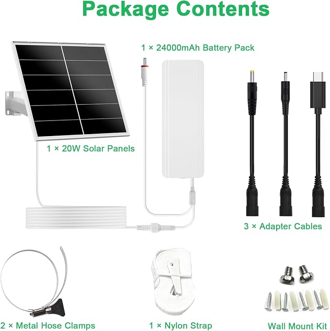 FUTUREZEN 20W Solar Panel Kit for Security & Trail Cameras, Includes Adjustable 5V/12V Output, USB-C & DC Plugs, Installation Accessories