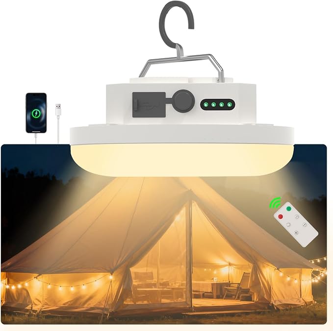 Rechargeable LED Camping Lantern 4000LM with Remote – Tent Light, Warm/Neutral/Cool 3 Modes & Stepless Dimming, IPX5 Waterproof, Magnetic Hook, Portable for Camping & Glamping