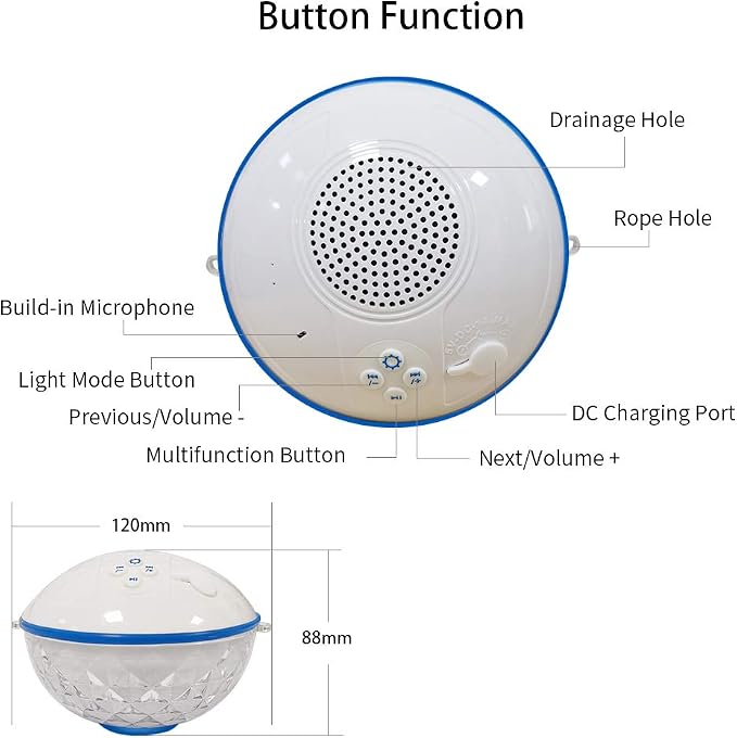 Floating Pool Speaker w/Colorful Lights, Portable Wireless Pool Speaker Bluetooth Waterproof IP68, Built-in Mic & Crystal Clear Sound Floating Hot Tub Speakers for Pools Party Outdoor (White)