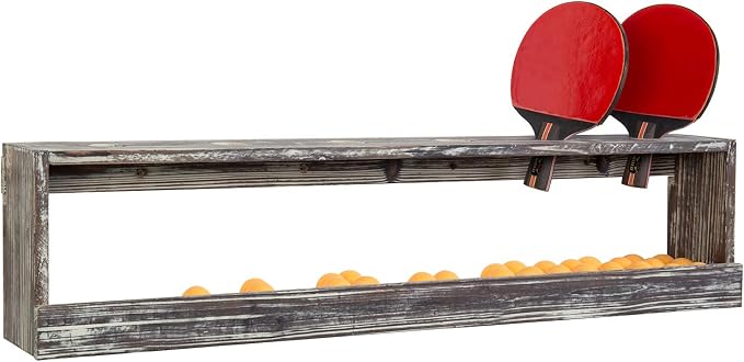 MyGift Wall Mounted Torched Wood Table Tennis Rack for Ping Pong Paddles and Balls Storage Shelf