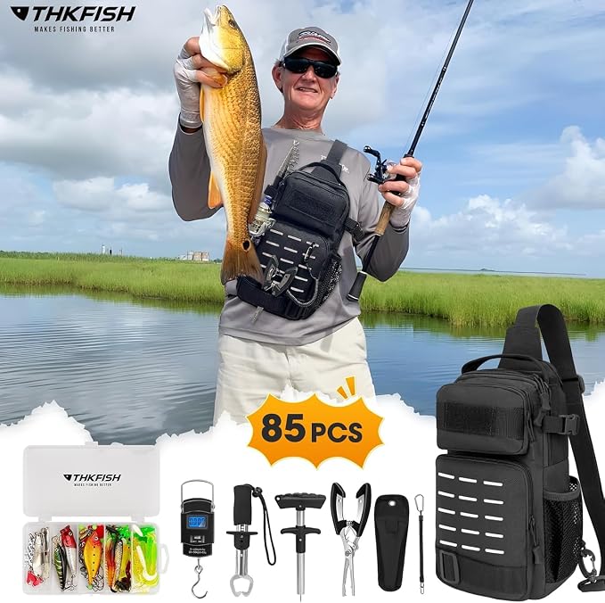 THKFISH 85Pcs Fishing Tool Kit, Fishing Backpack with Tackle Boxes Included, Fishing Tackle Kit Include Fishing Bait Lure Gear Kit, Fishing Pliers, Fish Hook Remover, Lip Gripper