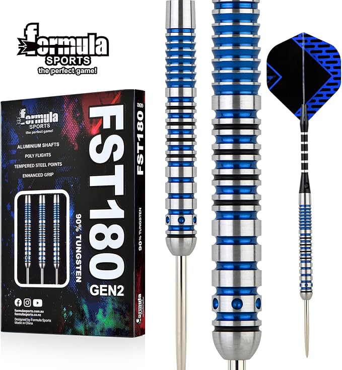 Formula Sports 90% Tungsten Steel Tip Darts Set - Professional Darts Metal Tip Set Available in 21g/22g/23g/24g, with Aluminum Shafts, Tungsten Barrels, Extra Flights, Sharpener