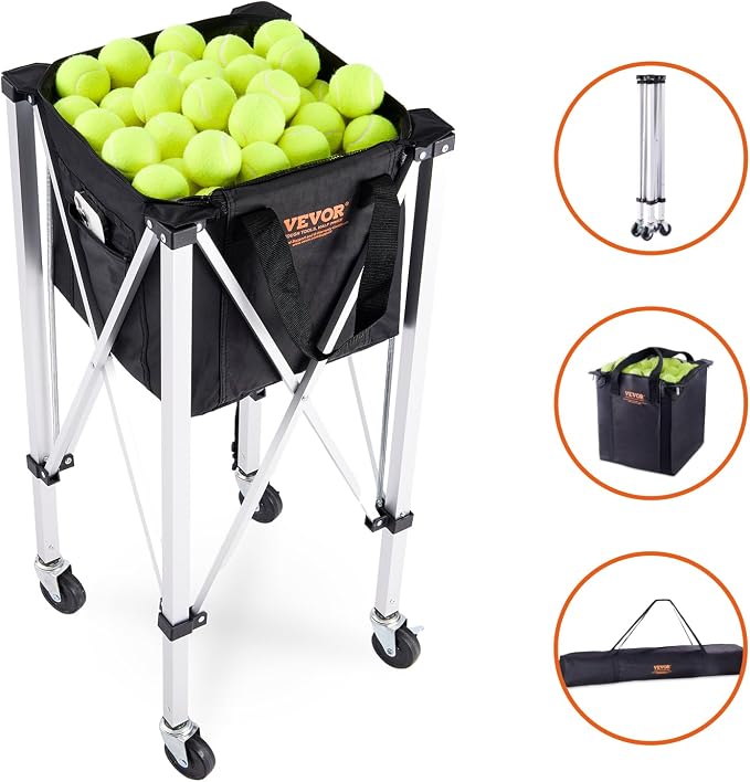 VEVORFoldable Tennis Ball Hopper, Holds 150-180 Tennis Balls, Lightweight Aluminum Alloy Tennis Ball Basket Cart with Wheels for Tennis Player