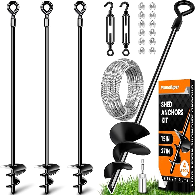 27" Screw in Ground Anchors Kits with 3/16" Cable, 4 Pack Heavy Duty Stakes | for Shed, Earth Anchors High Wind Hurricane Straps, for Swing Set, for Mobile Home, for Carport Gazebo Trampoline Tent Tree