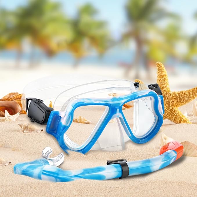 Snorkeling Gear for Kids, 4 in 1 Child Mask Fins Snorkel Set with Panoramic View Anti Fog Mask, Dry Top Snorkel, Trek Fins and Travel Bag, Kids Snorkeling Set with Fins for Snorkeling Swimming