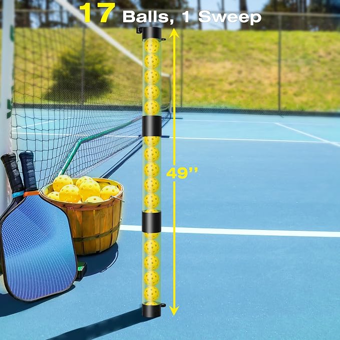 Pickleball Ball Retriever, Pickleball Picker Upper Holds 17 Balls, Pickleball Hopper with Shoulder Strap for Easy Pickup & Carrying, Detachable Pickleball Tube