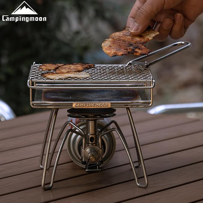 Campingmoon Camping Bread Toaster Folding Camp Stove Toaster Gas Fire BBQ Grill Portable 304 Stainless Steel Cooking Grill With Anti Scalding Mesh Fork