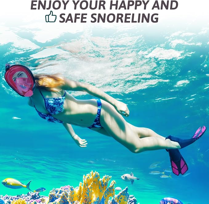 Viginsul Mask Fins Snorkeling Gear for Adults, Full Face Snorkel Mask & Adjustable Swim Fins Snorkel Set, Panoramic View Snorkel Mask Dry Top Anti-Fog Anti-Leak