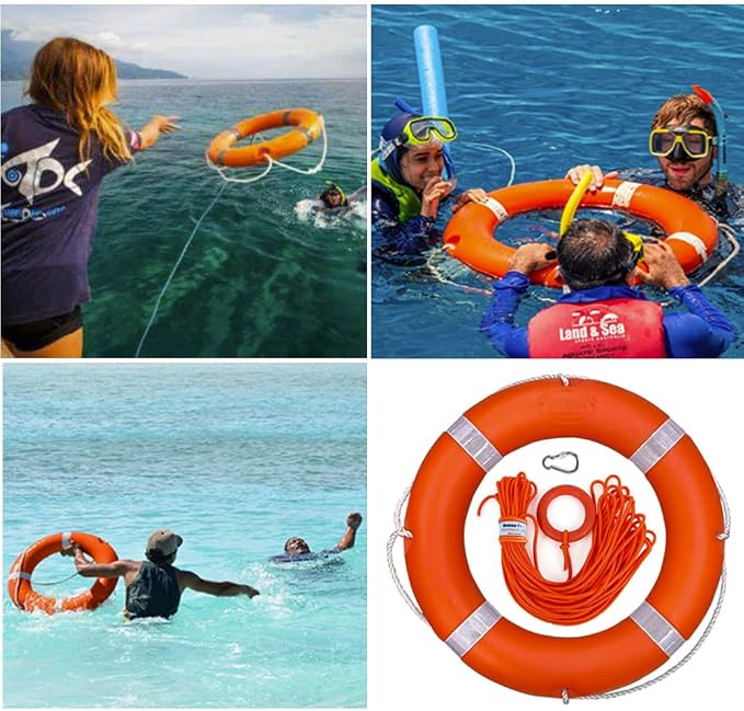 30" Boat Throw Rings with Water Floating lifesaving Rope 98.4 feet, Life Ring with Fluorescent Reflective Strip, White Grab Lines