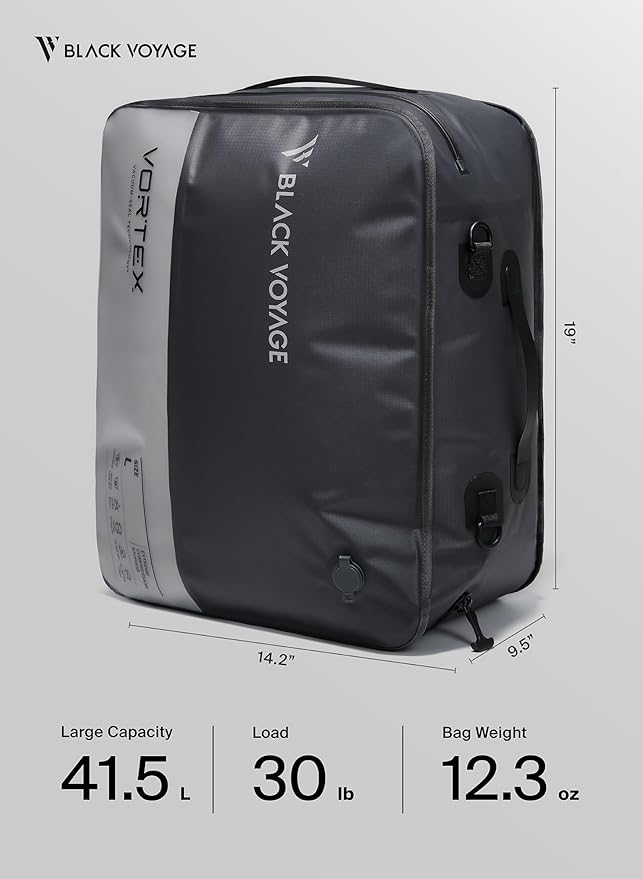 Black Voyage Reusable Vacuum Compression Travel Bag for Carry-On Suitcase and Backpack, Recycled IPX8 Waterproof Space Saver Vacpack (2-Pack, 41L - No Pump)