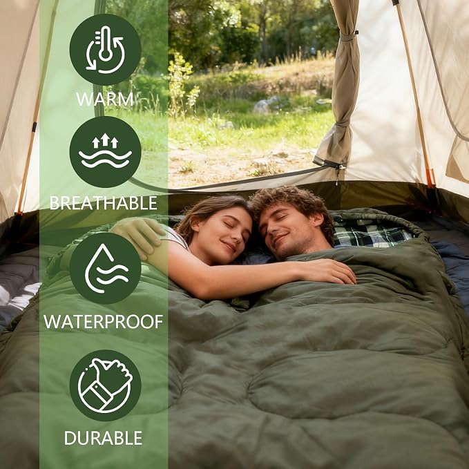0 Degree Double Sleeping Bag for Adults Queen Size 2 Person Sleeping Bag for Cold Weather with Compression Sack for Car Camping, Hunting and Tent Camp