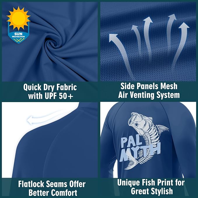 Palmyth Fishing Hoodie for Men Long Sleeve Sun Protection UV UPF 50+ Shirts | Hidden Zipper Pocket, Thumb Loops, Quick-Dry, Side Mesh Panels, Lens Cleaning Cloth, 4-Way Stretch