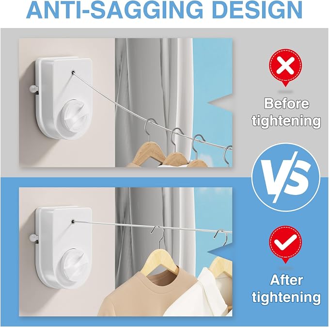 Danpoo Heavy Duty Retractable Clothesline - 13.8ft Adjustable Tension Stainless Steel Laundry Drying Line, Wall Mounted Clothes String with 2-in-1 Hook Base for Indoor, Outdoor, RV, Yard & Bathroom