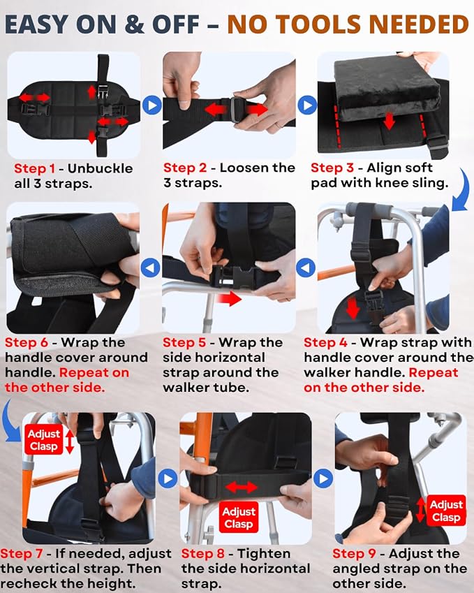 Walker Knee Sling, Adjustable Knee Rest with Padding for Surgery Recovery, Alternative to Crutches & Knee Scooters for Non Weight Bearing, Walker Accessories for Ankle/Foot Injuries