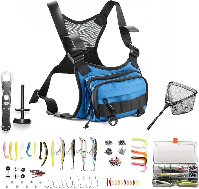 Fishing Chest Pack Vest Bag Floating Landing Net Accessory Gifts for Men | Tackle Box, Fishing Lures Kit, Hook Remover, Fish Lip Gripper, Fishing Plier Friendly for Beginners (w/ Fish Net) Blue