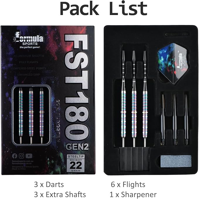 Formula Sports 90% Tungsten Steel Tip Darts Set - Professional Darts Metal Tip Set Available in 21g/22g/23g/24g, with Aluminum Shafts, Tungsten Barrels, Extra Flights, Sharpener