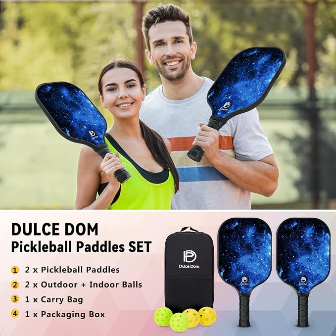 Dulce DOM Pickleball Paddles Set of 2/4 - USAPA Approved, 4 Indoor Outdoor Pickleball Balls, Fiberglass Surface Paddle Racket with Cover Bag, Ideal Training Equipment Gift for Men & Women