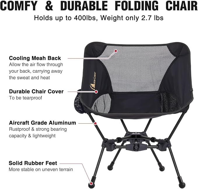 MOON LENCE Portable Camping Chair Backpacking Chair - The 4th Generation Ultralight Folding Chair - Compact, Lightweight Foldable Chairs for Hiking Mountaineering, Beach (Black-1Pack (Glod-Logo))