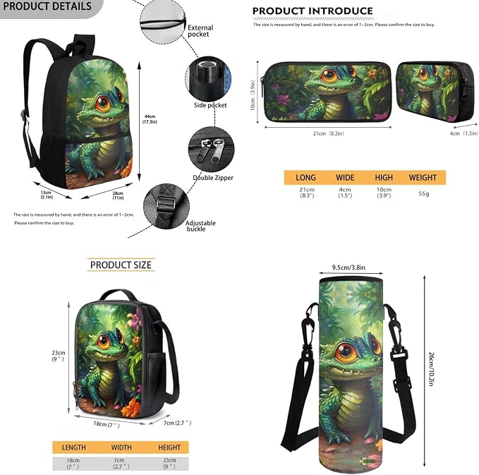 Kids School Bag Bearded Dragon Lizard Backpack with Lunch Box and Water Bottle Holder Pencil Case Elementary School Bags Teens Daypack for Travel Picnic Set 4 in 1
