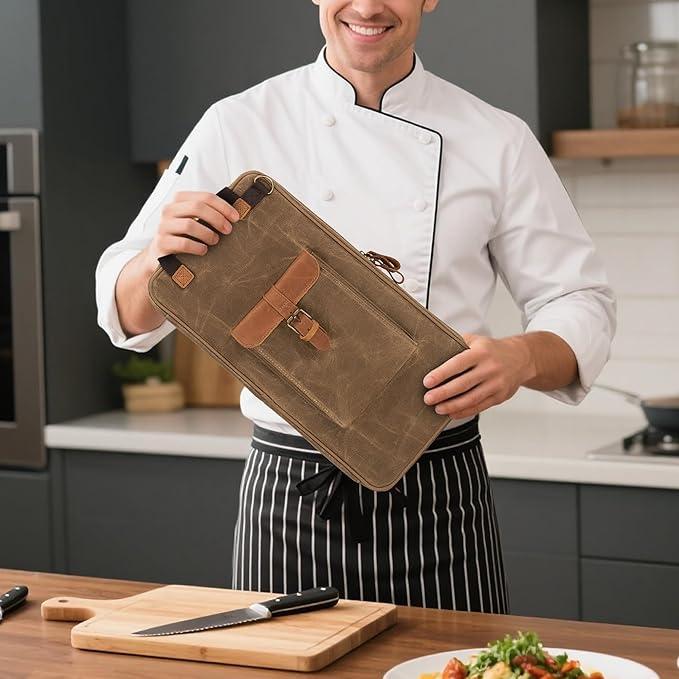 Damero Chef Knife Bag, Waxed Canvas Chef Storage Bag with 11 Slots and 2 Mesh Pockets, Knife Carrier Travel Knife Bag with Top Handles and Detachable Shoulder Strap for Kitchen Tools & Chef Utensils