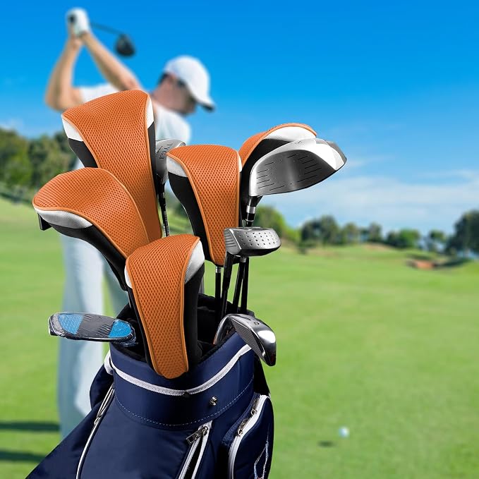 Andux 3pcs/Set Golf 460cc Driver Fairway Wood Club Head Covers | with interchangeable NO. Tags | Mesh Breathable material | Short Neck | Coloured Piping | Pull-On Closure