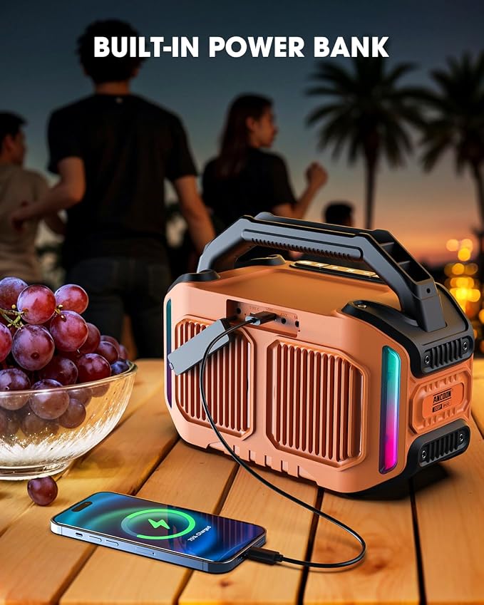 ANCOON Speakers Bluetooth Wireless: 80W(Peak) Loud Speaker with Bass, 20H Playtime, IPX6 Waterproof, Large Jobsite Speakers for Work, Outdoor, Workshop, Garage, Portable Speaker with TWS (Orange)