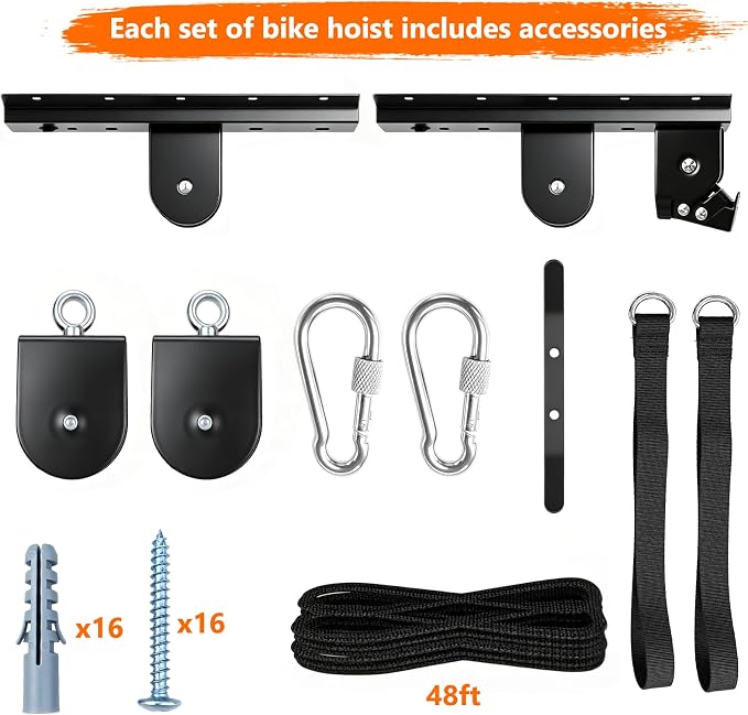 Bike Hoist,Ceiling Mount Bike Hanger,Heavy Duty Bike Hangers for Garage,Bike Pulley System for Garage,Holds Up to 100 lbs,Ceiling Bike Hanger for Ebike,Road Bike,Fat Tire,Snowboard(2 Pack)