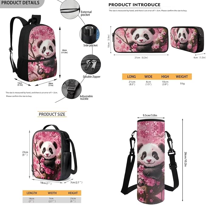 Cute Panda Backpack for Girls School Bag with Lunch Bag Pencil Case Water Bottle Holder Cherry Blossom Bookbag Casual Daypack Travel Bag Satchel Bagpack