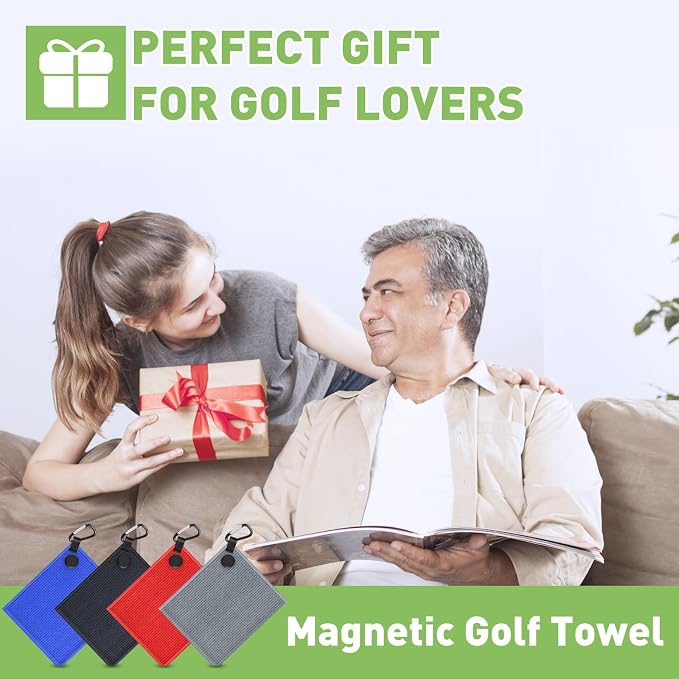 2 Pack Magnetic Golf Towels with Clips, Steel Wire Cleaning Cloth, Ultra Absorbent Microfiber, Waffle Pattern Golf Towel with Magnet for Men Women, Golf Accessories for Golf Bags, Carts or Clubs