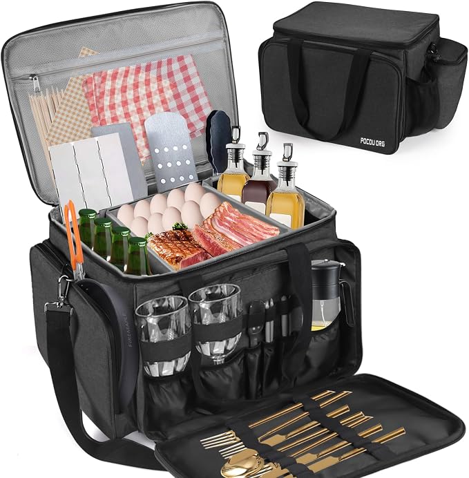 Multi-Purpose Picnic Gear Bag - Outdoor Camping Organizer Storage Bag for Cooking Utensils, Tableware, Gas Bottles, and Spices | Waterproof and Durable | 19.5x13.5x11.5 inches (Dark Gray)