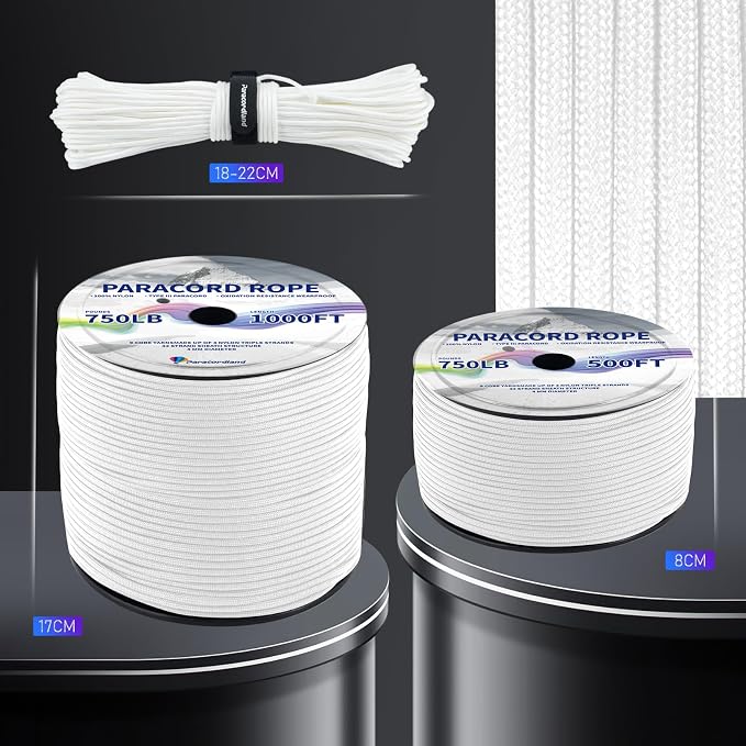 Paracordland-750LB Paracord Rope-100ft/500ft/1000ft- 9 Strand Parachute Spool Cord Heavy Duty String Ideal for Survival Gear Bracelet Camping Hikig Fishing-White-100FT