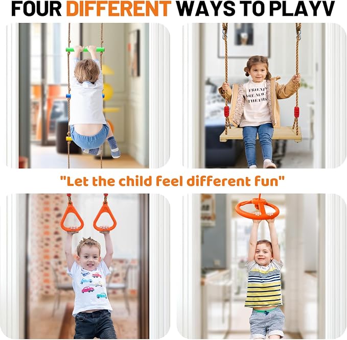 Doorway Swing mount for Kids & Door Pull Up Bar for Adults, Indoor Kid Swing with 4 Accessories, Multi-Function Doorway Gym, Fits Door Frame 24.41-30.51'' W x 3.94-6.69'' Thickness (Orange)