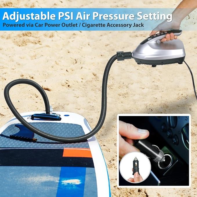 SereneLife Electric Paddle Board Pump – Portable 16 PSI Dual-Stage Air Compressor for Lightning-Fast Inflation, Auto-Off, LCD Display & 12V Car Connector – for SUPs, Boats & Inflatables