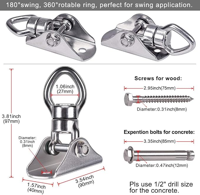 SELEWARE Silent Bearing Swing Hanger, Heavy Duty 360° Rotate Swing Swivel Hook, 1200LB Capacity for Wooden Concrete Playground Yoga Hammock Chair Rope Punching Bag Porch Swing Set