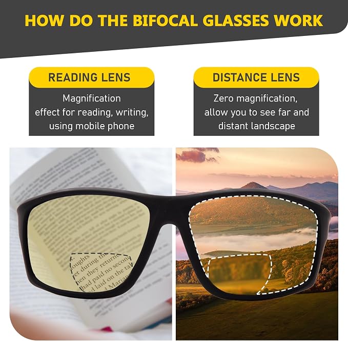 DEHOTRE 2 Pack Bifocal Reading Sunglasses Men Wrap Around Sports Sun Readers Outdoor Clear Top Soft Nose Pads PC Frame UV400