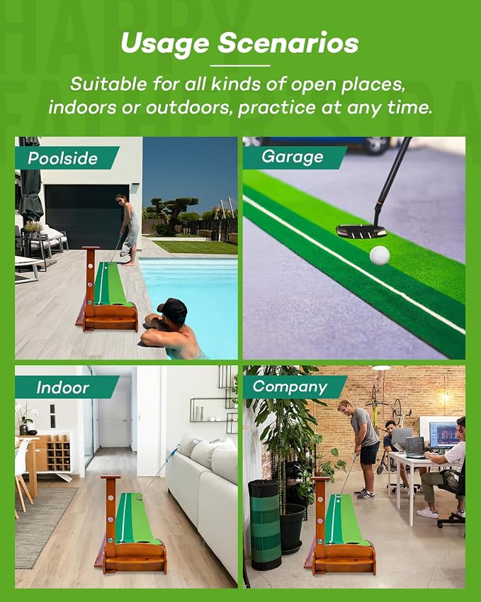 IDEASKY Golf Putting Mat, 9 Ft, Indoor | Auto Ball Return, Dual Holes, Alignment Guides, Gift for Men Daddy Golfer