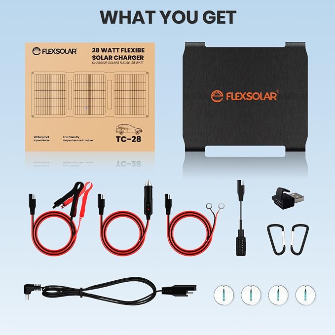 FlexSolar 28W Foldable Solar Panel Trickle Charger Maintainer Kits - 12V DC & QC3.0 USB Output with Built-in Controller, Includes Cigarette Lighter, Alligator Clips, O-Rings,OBDII Connector