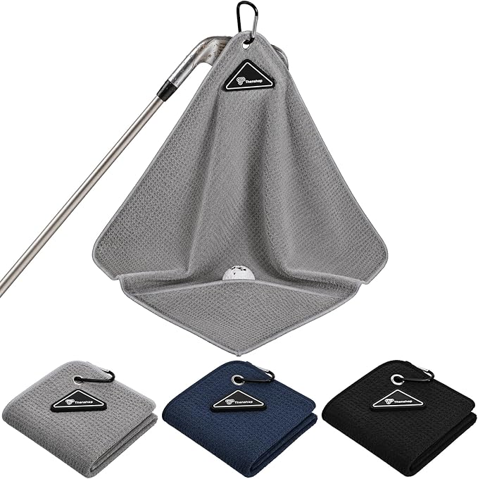 Thenshop 3 Pack Magnetic Golf Towels with Clips 16 x 16 Waffle Microfiber Cleaning Cloth with Internal Scrubbing Pocket and Carabiner Golf Accessories for Bags Carts Clubs Men Women