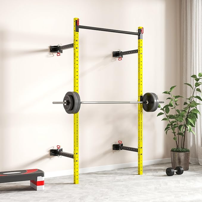 Soozier Folding Squat Rack with Adjustable Pull-Up Bar, 1000 Pounds Capacity Wall Mounted Power Rack, Adjustable Steel Barbell Rack with J Hooks for Home Gym Full Body Workout