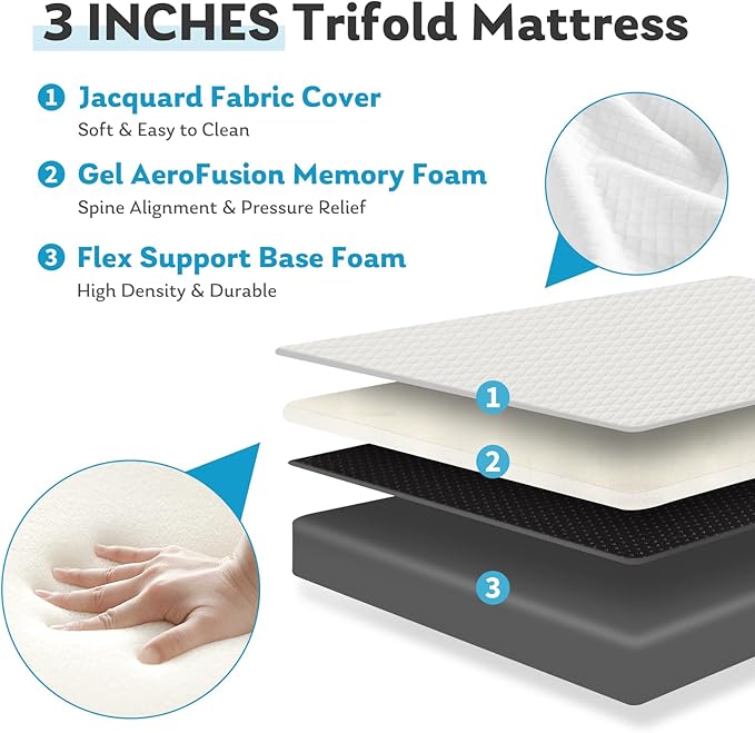 Tri-Fold Single Memory Foam Pads, 3 inch Folding Topper with Washable Cover, Portable Non-Slip Guest Floor Bed for Camping Travel – Ideal for Overnight Guests, RV, and Outdoor Adventures