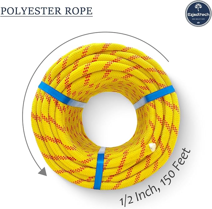 1/2 in x 150 ft Polyester Arborist Rigging Rope, Yellow Braided Tree Climbing Rope 48 Strands for Farm Work and Swinging