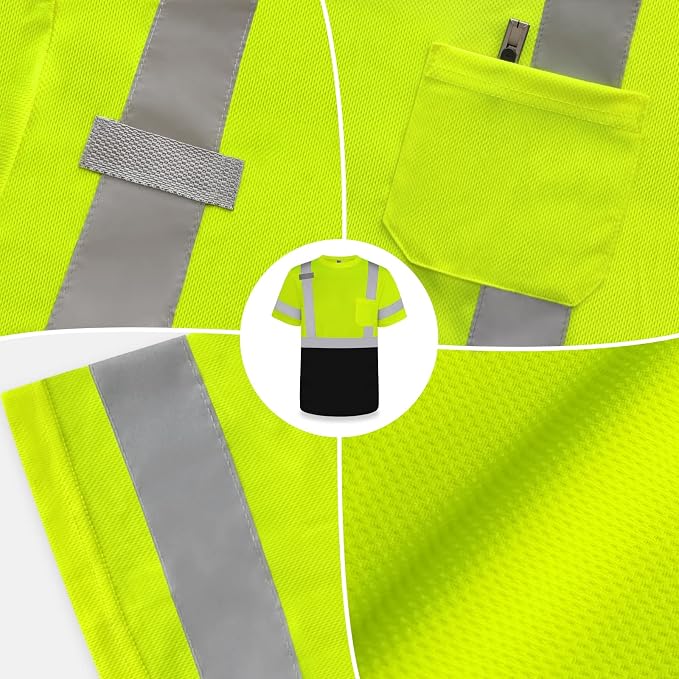 TCCFCCT Reflective Shirts Class 2 High Visibility Shirts for Men, Hi Vis Safety Shirts for Men Women, Short Sleeve Construction Work Shirts with Black Bottom, Durable & Breathable, DP-Yellow XXL