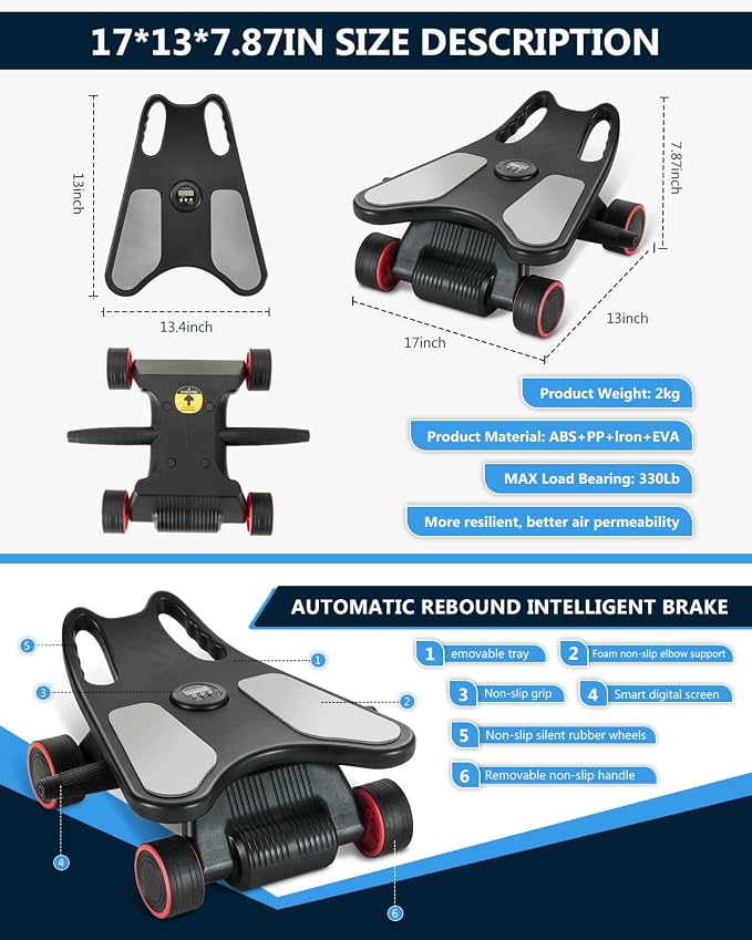 Ab Roller Wheel, Ab Roller, Upgraded Automatic Rebound Ab Roller with Elbow Support, Knee Mat & Timer, 4 Wheels Ab Workout Equipment for Core Strength Training, Silent Ab Wheel for Beginners Men Women Home Gym Fitness